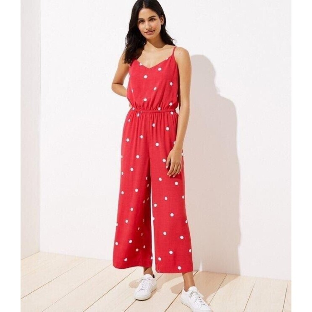 NWT $99 Ann Taylor LOFT Red Polka Dot Romper Wide Leg Jumpsuit Size XS